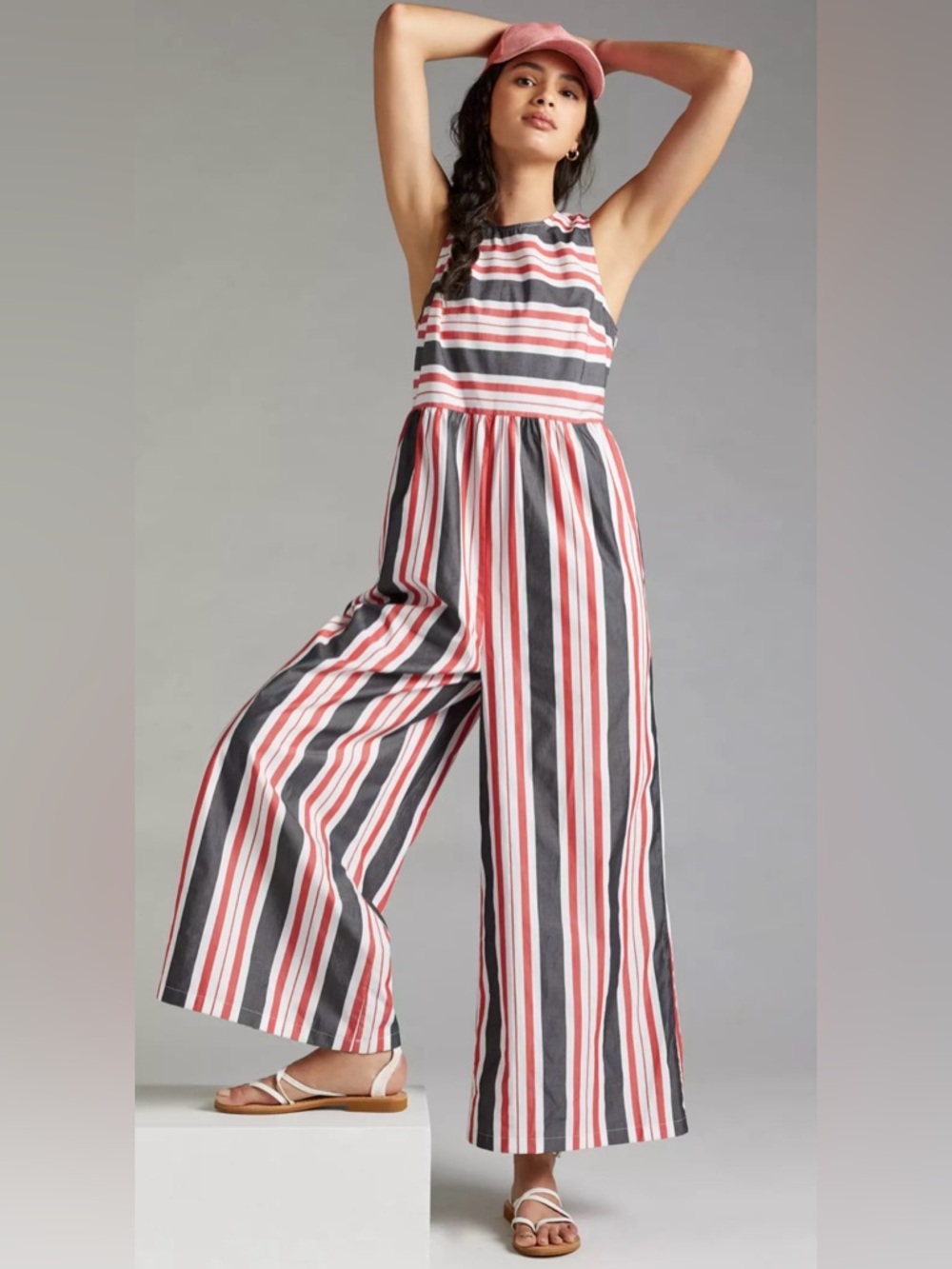 NWT Anthropologie Maeve Striped Wide-Leg Jumpsuit Red White Gray XL